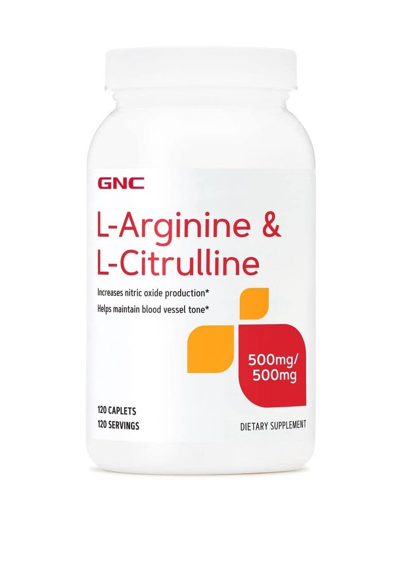 GNC - L-Arginine & L-Citrulline 500mg/500mg, 120 Caplets - Image 1