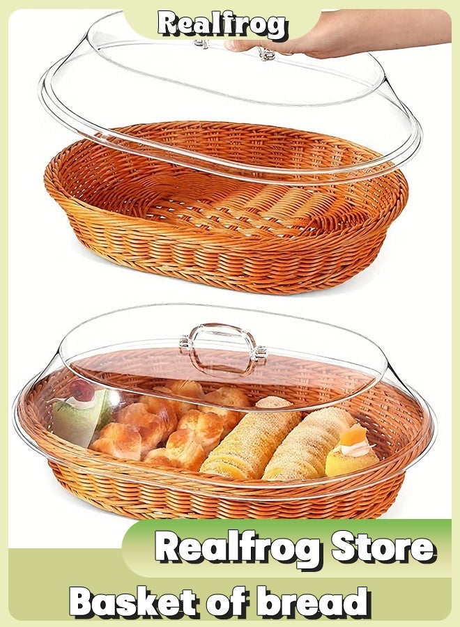 Realfrog Wicker Bread Basket with Clear Acrylic Lid - Durable, Washable Food Tray for Desserts & Fruits - Perfect for Kitchen, Picnic, and Home Display - Image 1