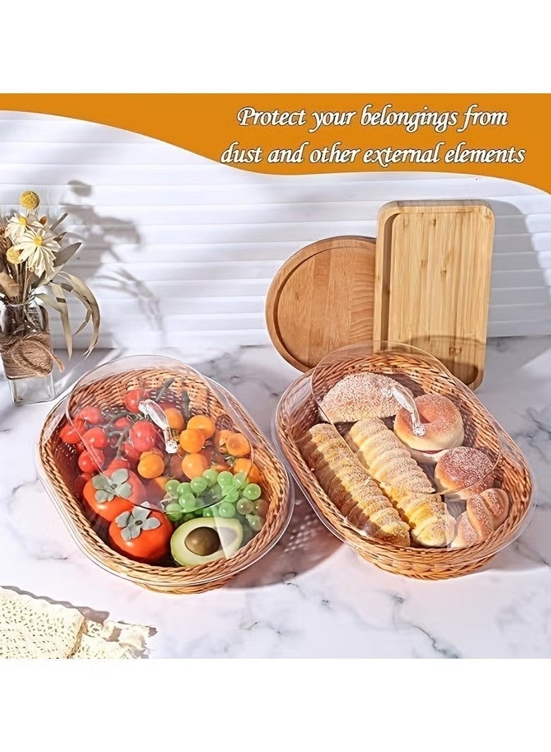 Realfrog Wicker Bread Basket with Clear Acrylic Lid - Durable, Washable Food Tray for Desserts & Fruits - Perfect for Kitchen, Picnic, and Home Display - Image 2