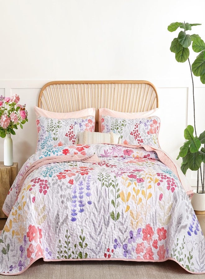 Xruibed Floral Quilt Sets King Size Pink Quilt Set 3 Pieces Bedspreads Bedding Set Soft and Cozy Microfiber Lightweight Quilt Flower Bed Coverlet Sets for All Season(King 104"x90") - Image 1