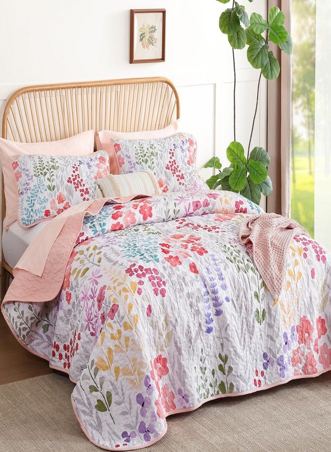 Xruibed Floral Quilt Sets King Size Pink Quilt Set 3 Pieces Bedspreads Bedding Set Soft and Cozy Microfiber Lightweight Quilt Flower Bed Coverlet Sets for All Season(King 104"x90") - Image 2