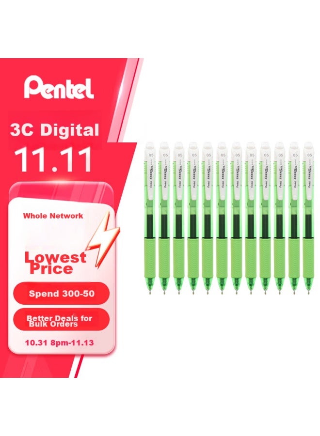Pentel Bln105 Retractable Black Gel Pen, Stylish 0.5mm Signing Pen, Business And Student Quick-drying Pen, Water-based Pen, Stationery, Green Barrel With Black Ink, 12-pack - Image 1