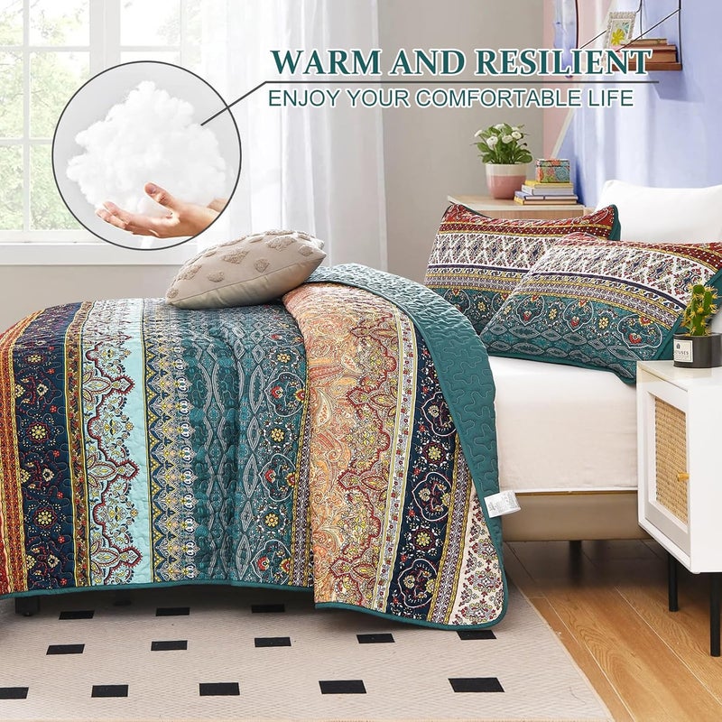 WONGS BEDDING مجموعة أغطية الأسرّة بأسلوب البوهو من WONGS، حجم كوين، لون أخضر وبني، مجموعة أغطية أسرّة ب��سلوب البوهو، غطاء سرير خفيف من القطن الميكروفيبر، مناسب لجميع المواسم، مقاس 96" × 90" (3 قطعة) - Image 3