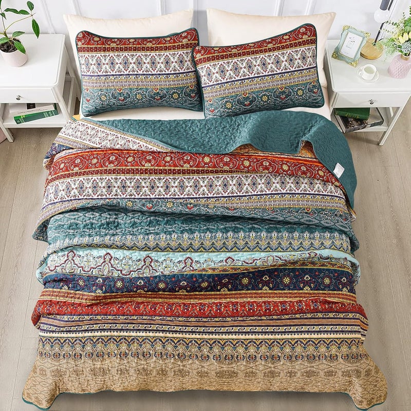 WONGS BEDDING مجموعة أغطية الأسرّة بأسلوب البوهو من WONGS، حجم كوين، لون أخضر وبني، مجموعة أغطية أسرّة ب��سلوب البوهو، غطاء سرير خفيف من القطن الميكروفيبر، مناسب لجميع المواسم، مقاس 96" × 90" (3 قطعة) - Image 4