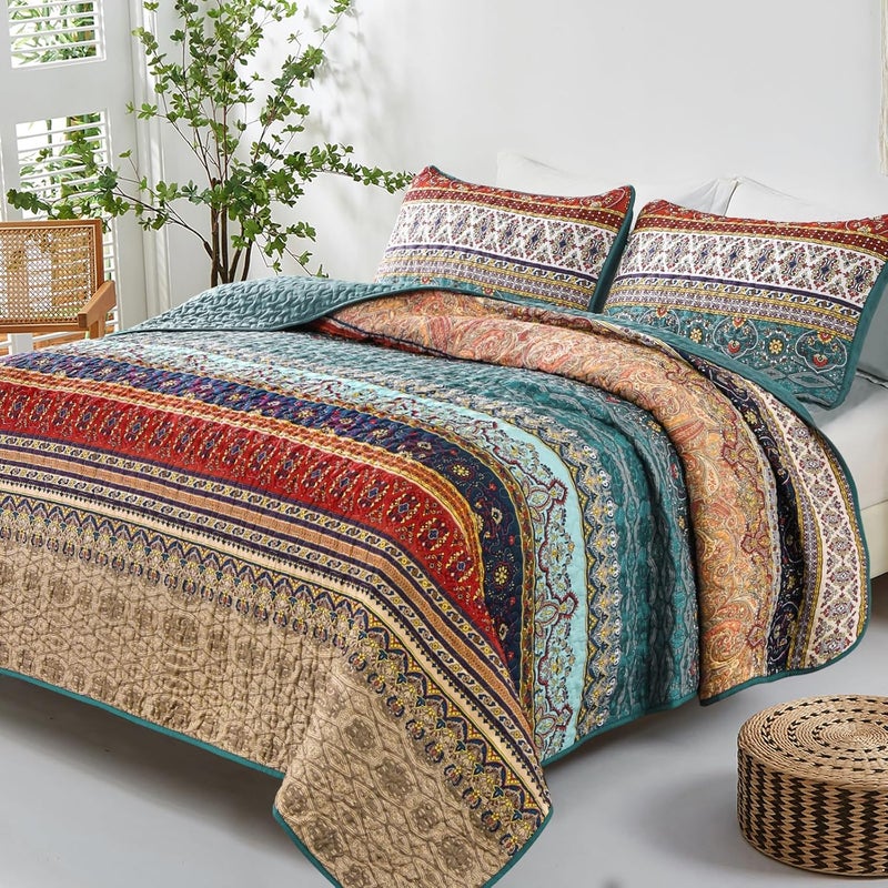 WONGS BEDDING مجموعة أغطية الأسرّة بأسلوب البوهو من WONGS، حجم كوين، لون أخضر وبني، مجموعة أغطية أسرّة ب��سلوب البوهو، غطاء سرير خفيف من القطن الميكروفيبر، مناسب لجميع المواسم، مقاس 96" × 90" (3 قطعة) - Image 2