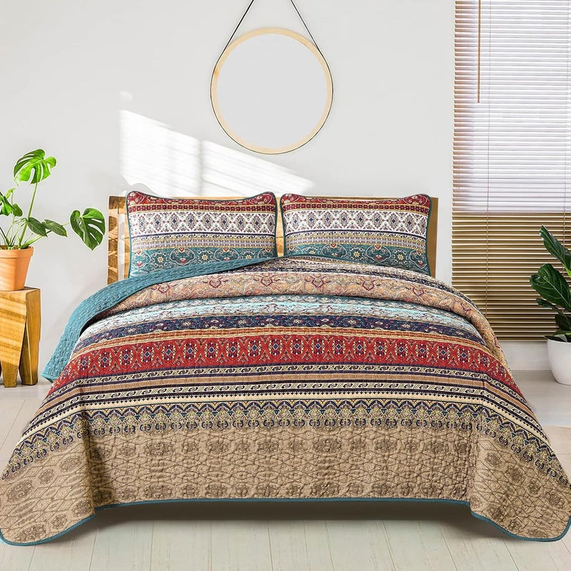 WONGS BEDDING مجموعة أغطية الأسرّة بأسلوب البوهو من WONGS، حجم كوين، لون أخضر وبني، مجموعة أغطية أسرّة ب��سلوب البوهو، غطاء سرير خفيف من القطن الميكروفيبر، مناسب لجميع المواسم، مقاس 96" × 90" (3 قطعة) - Image 1