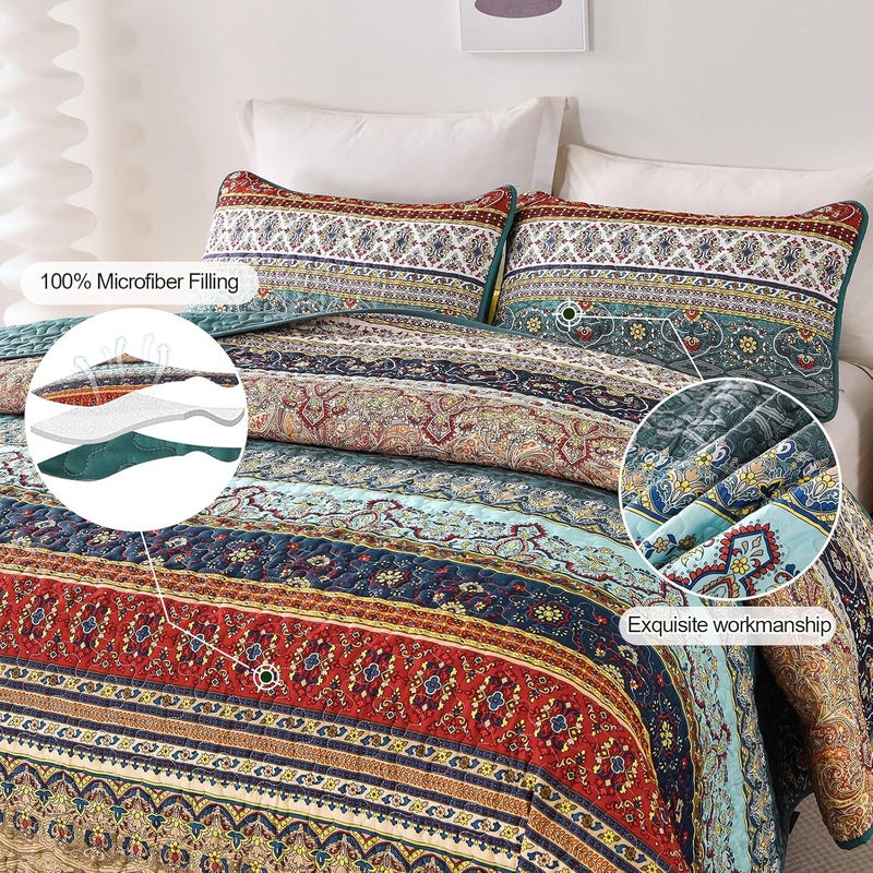 WONGS BEDDING مجموعة أغطية الأسرّة بأسلوب البوهو من WONGS، حجم كوين، لون أخضر وبني، مجموعة أغطية أسرّة ب��سلوب البوهو، غطاء سرير خفيف من القطن الميكروفيبر، مناسب لجميع المواسم، مقاس 96" × 90" (3 قطعة) - Image 5