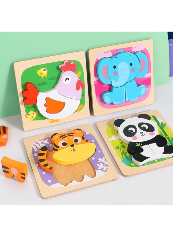 Wooden Advanced Three-Dimensional Puzzle Set Educational Toys For Young Children Boys And Girls Baby Cartoon Animal Puzzle 3-6-Color:Style II (Rooster + Elephant + Tiger + Panda) - Image 1