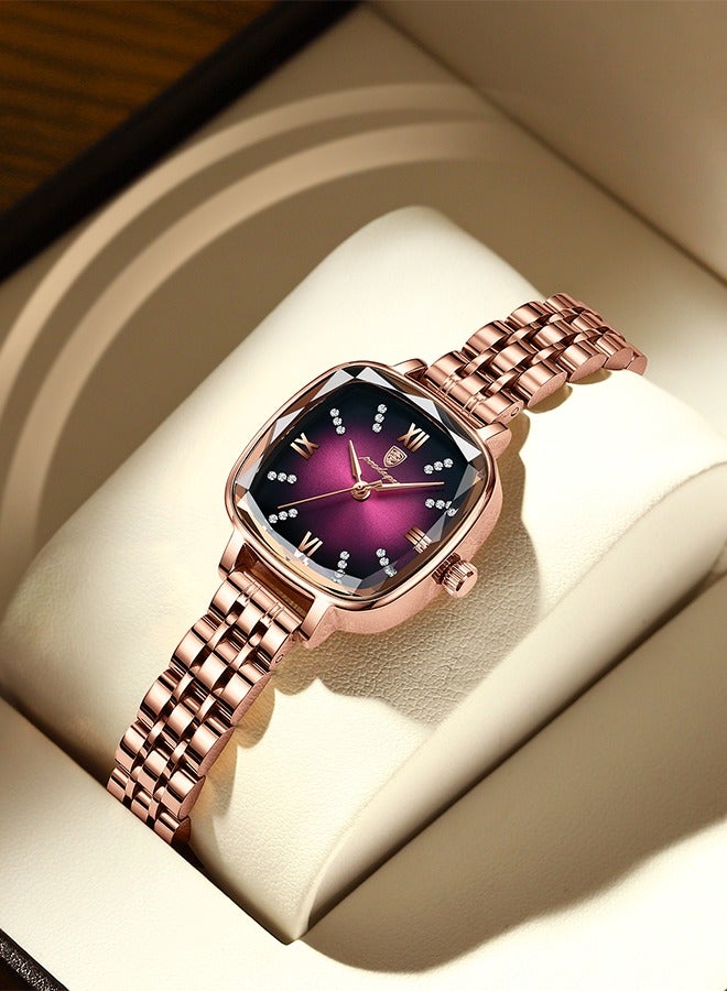 POEDAGAR POEDAGAR Women's Fashion Square Watch - Rose Gold Plated Stainless Steel Bracelet with Wine Red Square Dial, 30m Water Resistant, Contemporary Minimalist Design for Casual, Office & Social Occasions  - Image 2