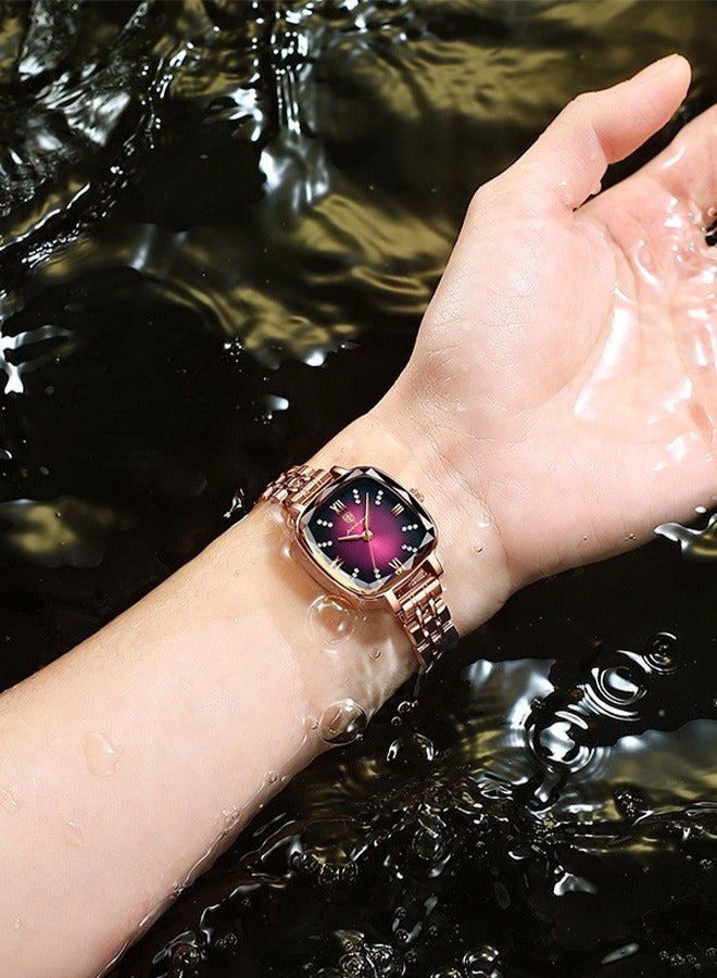 POEDAGAR POEDAGAR Women's Fashion Square Watch - Rose Gold Plated Stainless Steel Bracelet with Wine Red Square Dial, 30m Water Resistant, Contemporary Minimalist Design for Casual, Office & Social Occasions  - Image 3