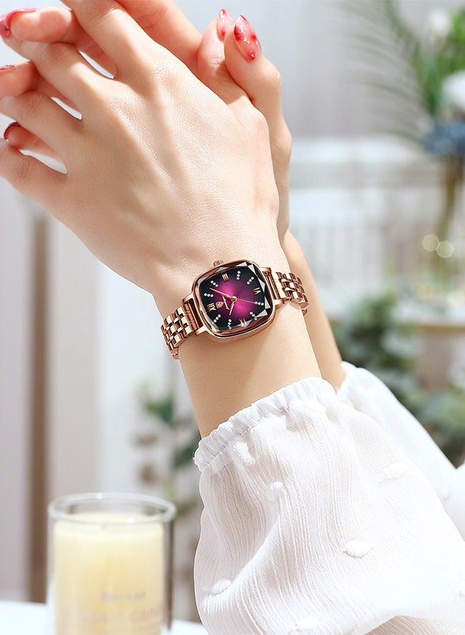 POEDAGAR POEDAGAR Women's Fashion Square Watch - Rose Gold Plated Stainless Steel Bracelet with Wine Red Square Dial, 30m Water Resistant, Contemporary Minimalist Design for Casual, Office & Social Occasions  - Image 4