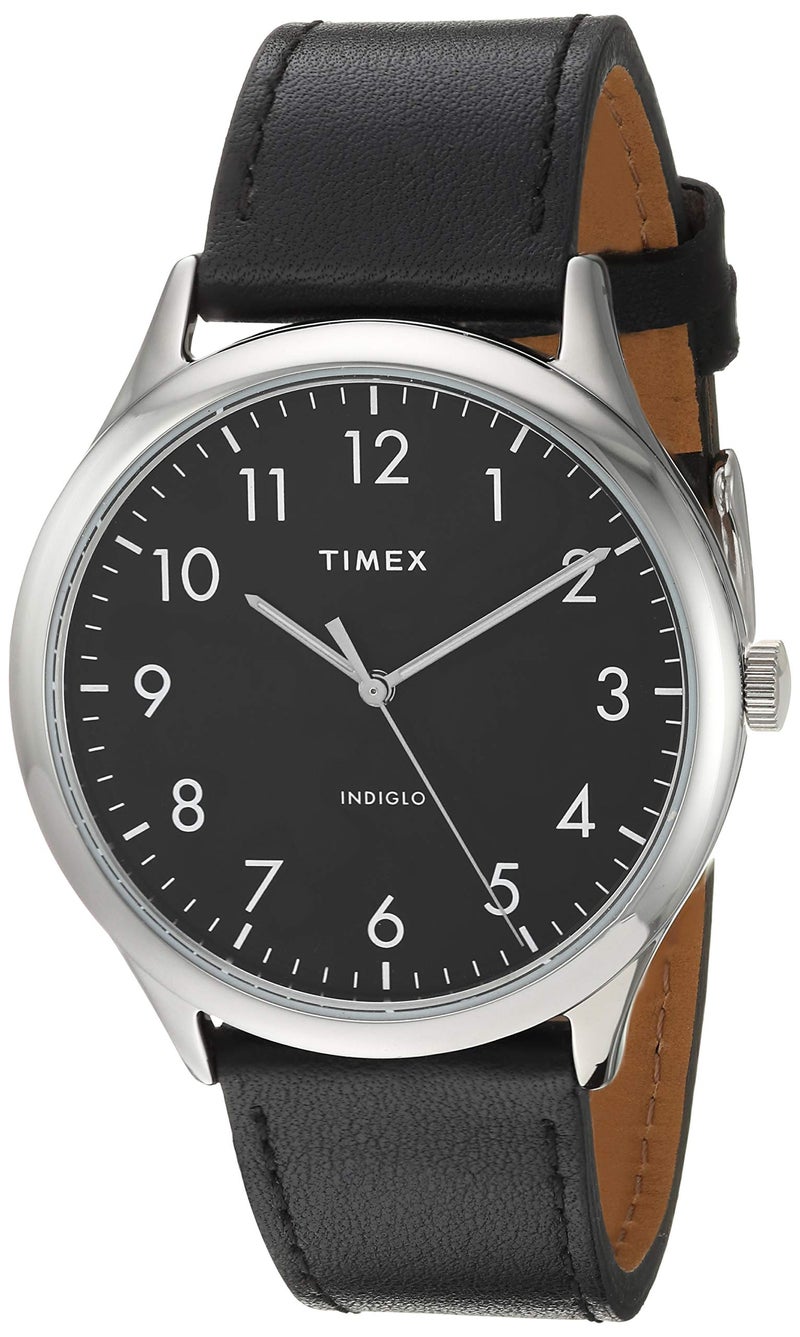 Timex Men's Modern Easy Reader 40mm Watch â€“ Silver-Tone Case Black Dial with Black Genuine Leather Strap - Image 1