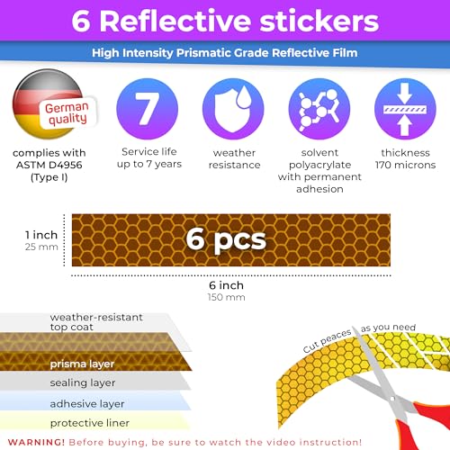 LOOM Reflective Stickers for Helmet | 6pcs Prism Yellow | Similar to 3M Reflective Tape | Bike Reflectors for Night Riding, Mailbox reflectors | Waterproof hi vis Decals for Car, Trailer - Image 2