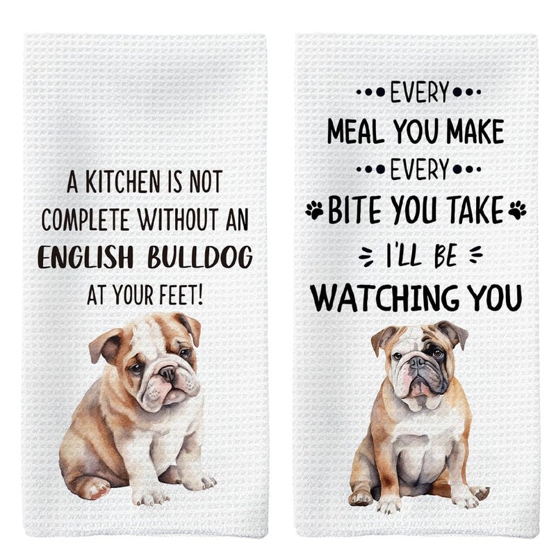 Tzhim English Bulldog Gifts Kitchen Towels Set of 2, English Bulldog Gifts for Women, English Bulldog Hand Towels, English Bulldog Dish Towels Tea Towels, Dog Kitchen Bathroom Decor, 16x24inch - Image 1