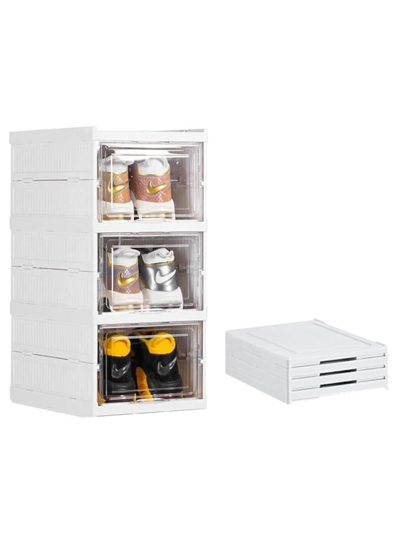 TAPIT Foldable Shoe Box Foldable Shoe Rack with Clear Door for Entryway Collapsible Storage Box Plastic Shoe Storage Cabinet Organizer Free Standing Shoes Container Dustproof (A-Foldable 3 Tiers) 