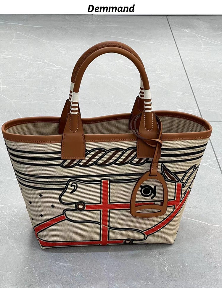 Women'S Bag High-End Fashionable All-Match Underarm Tote Bag Hand-Woven Cowhide Canvas Contrast Color Portable Vegetable Basket Bag - Image 3