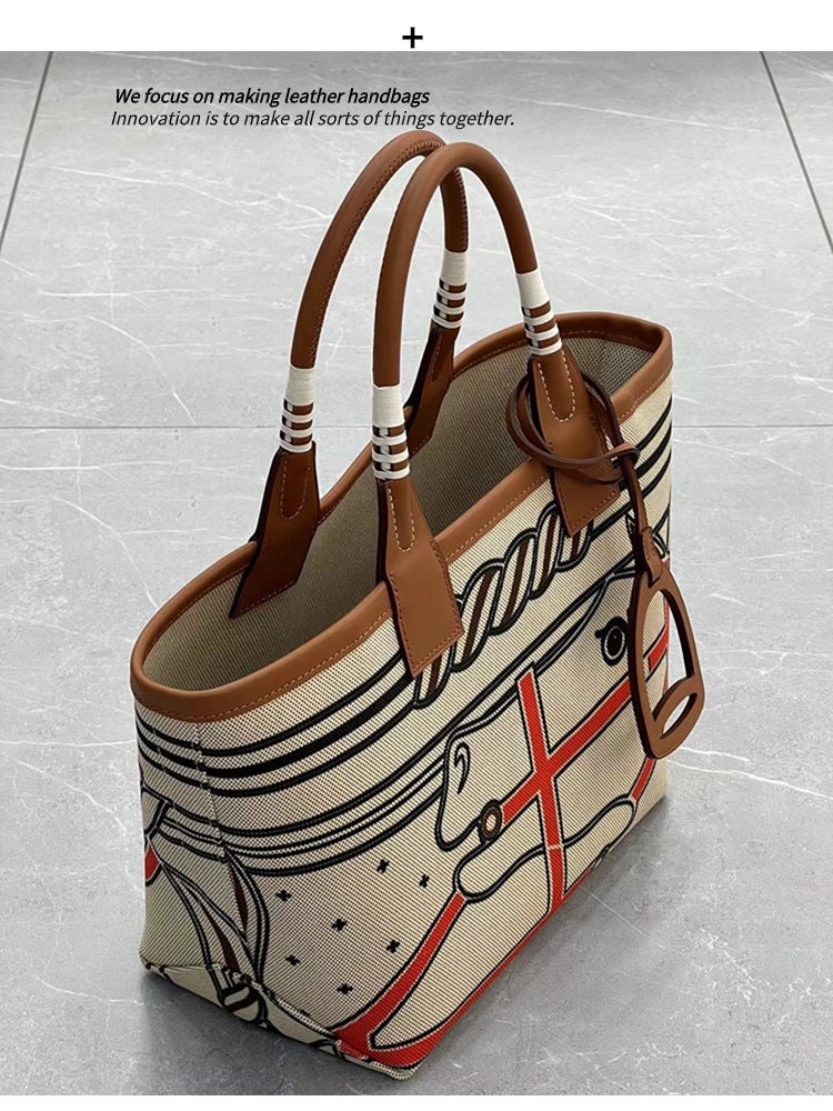 Women'S Bag High-End Fashionable All-Match Underarm Tote Bag Hand-Woven Cowhide Canvas Contrast Color Portable Vegetable Basket Bag - Image 4