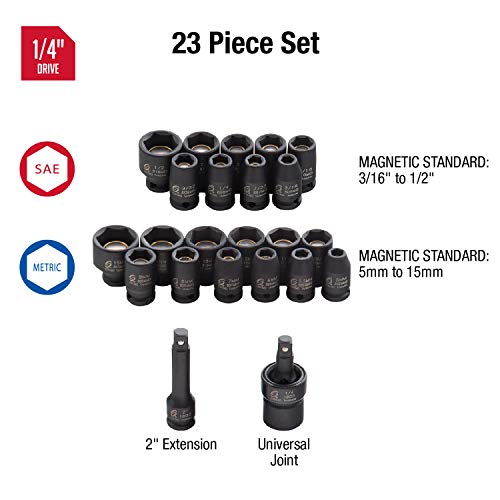 SUNEX TOOLS 1818 1/4-Inch Drive Magnetic Fractional and Metric Impact Socket Set, Inch/Metric, Standard, 6-Point, Cr-Mo, 3/16-Inch - 1/2-Inch, 5mm - 15mm, 23-Piece - Image 2