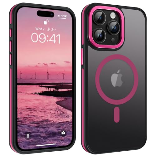 YINLAI Case for iPhone 15 Pro Max,Magnetic Case [Compatible with Magsafe] Supports Wireless Charging Slim Translucent Matte Men Women Shockproof Protective Back Phone Cover 6.7 Inch,Black/Hot Pink - Image 1