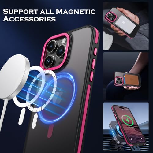 YINLAI Case for iPhone 15 Pro Max,Magnetic Case [Compatible with Magsafe] Supports Wireless Charging Slim Translucent Matte Men Women Shockproof Protective Back Phone Cover 6.7 Inch,Black/Hot Pink - Image 4