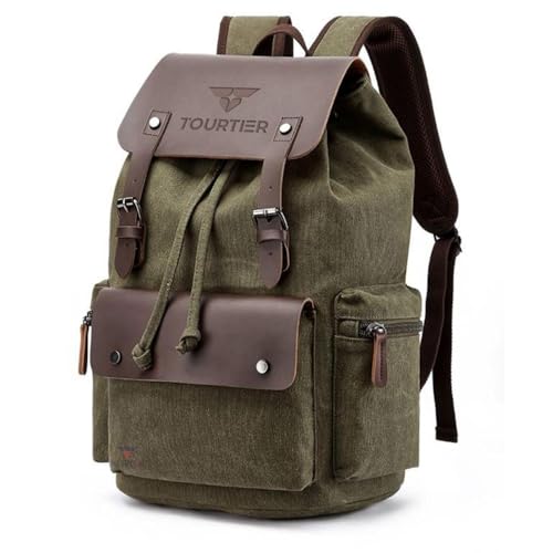 TOURTIER Canvas Travel Daypack Drawstring Backpack Flip Bag Retro Laptop Bag for Men Women (GREEN) - Image 1