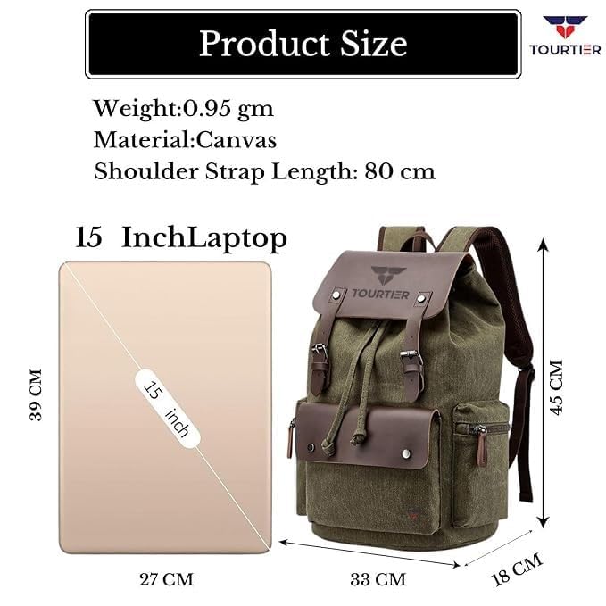 TOURTIER Canvas Travel Daypack Drawstring Backpack Flip Bag Retro Laptop Bag for Men Women (GREEN) - Image 2