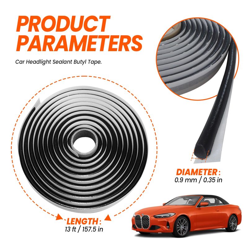 Butyl Car Sealing Tape 13Ft Black Waterproof Rubber Seal - Flexible Strong Adhesion Automotive Weather Stripping - Noise Dampening for Vehicle Headlight Taillight Door Sealing - Image 2