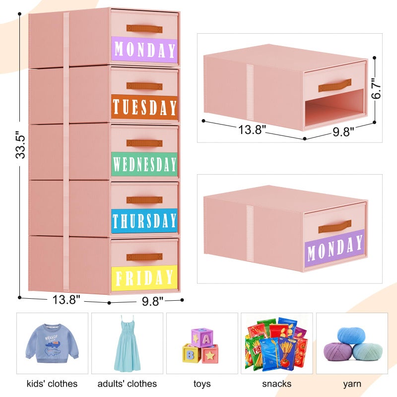 Easortm Stackable Storage Drawers - Pull Out Storage Bins with Drawers for Closet Clothes Organizers with Weekly Labels & Clear Window, Closet Shelf Storage for Bedroom, Living Room, 5 Pack, Pink - Image 2