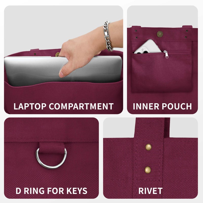 HOMESPON Large Canvas Tote Bag for Women Everything Bag with Pockets and Laptop Sleeve (Maroon) - Image 5