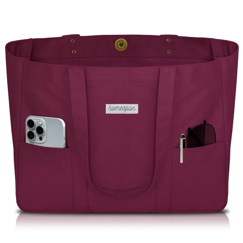 HOMESPON Large Canvas Tote Bag for Women Everything Bag with Pockets and Laptop Sleeve (Maroon) - Image 1