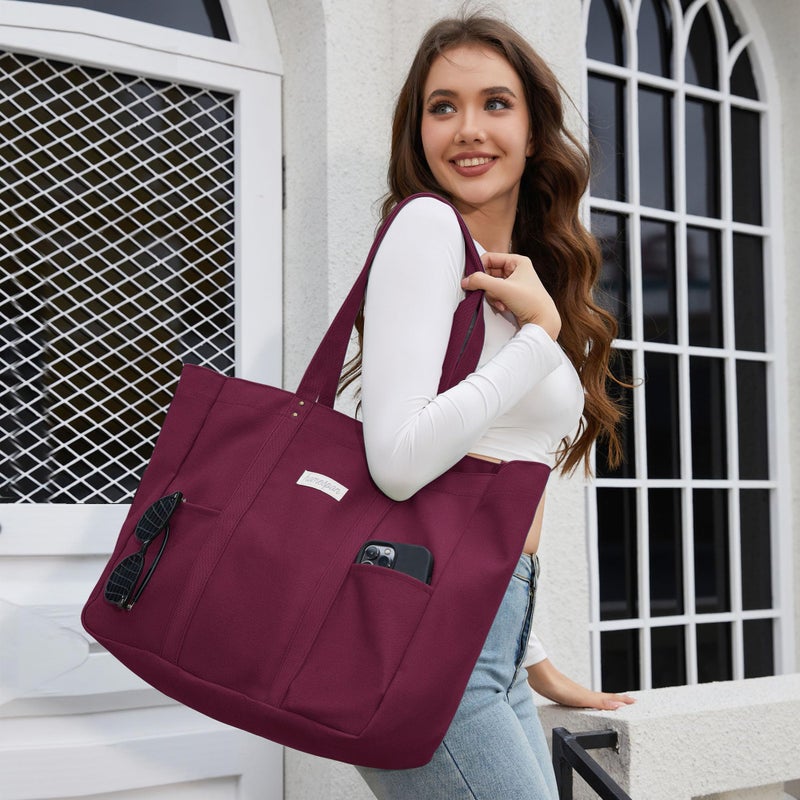 HOMESPON Large Canvas Tote Bag for Women Everything Bag with Pockets and Laptop Sleeve (Maroon) - Image 2