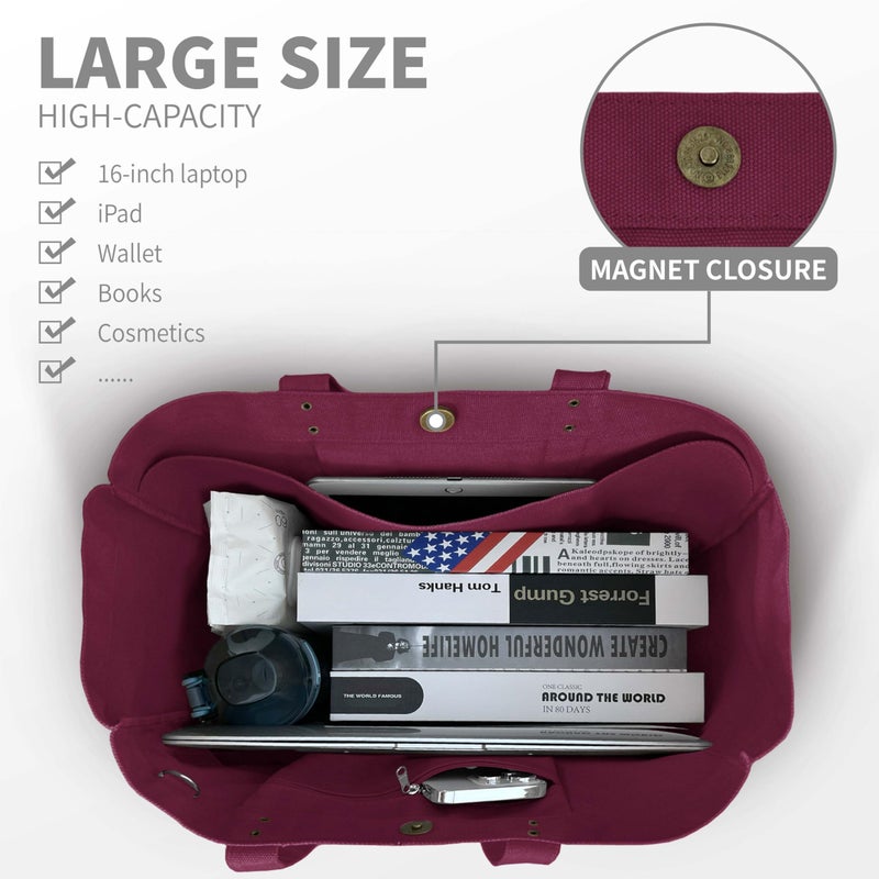 HOMESPON Large Canvas Tote Bag for Women Everything Bag with Pockets and Laptop Sleeve (Maroon) - Image 4