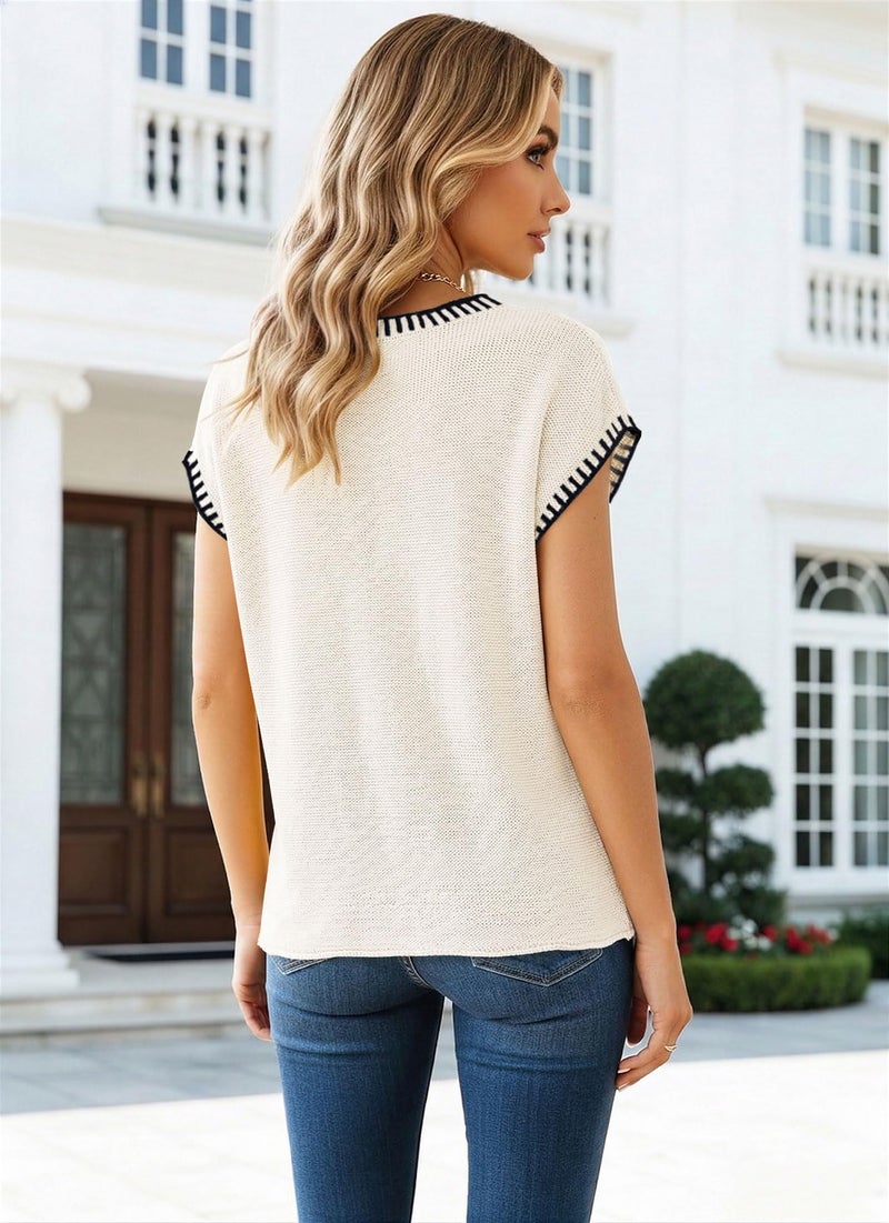 SAUKOLE Summer Tops for Women 2025 Trendy Casual Cap Sleeve Knitted Loose Pullover Tops Knit Sweater Vest White - Image 4