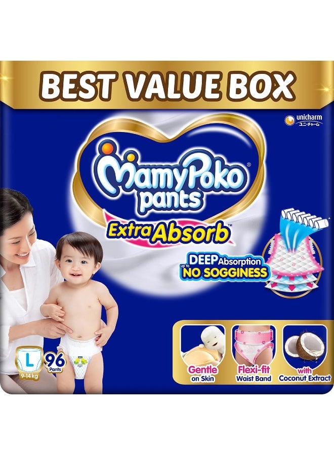 MamyPoko Pants Extra Absorb Baby Diapers, Large (L size) | 9-14 kg | 96 Count |Deep Sleep Diapers| Soft gentle fit |Deep Absorbent Crisscross | skin friendly with coconut oil | (48 count, Pack of 2)