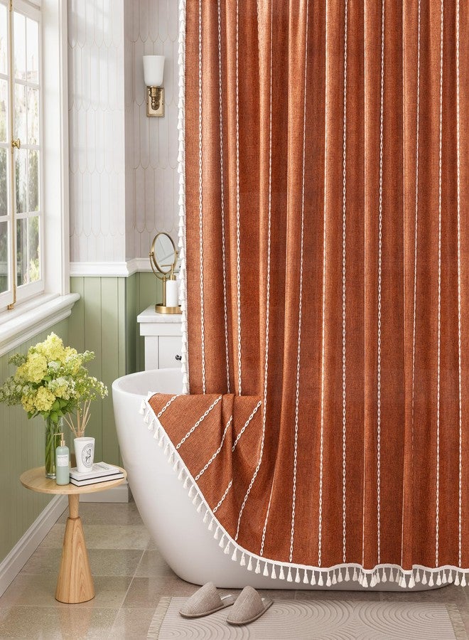 Bathway Farmhouse Shower Curtain Boho with Tassels, Linen Blend Heavy Duty Shower Curtain Set with 12 Metal Hooks, Vintage Luxury Rustic Fabric Curtain for Bathroom Window, 72x72 Inches, Fire Orange - Image 1