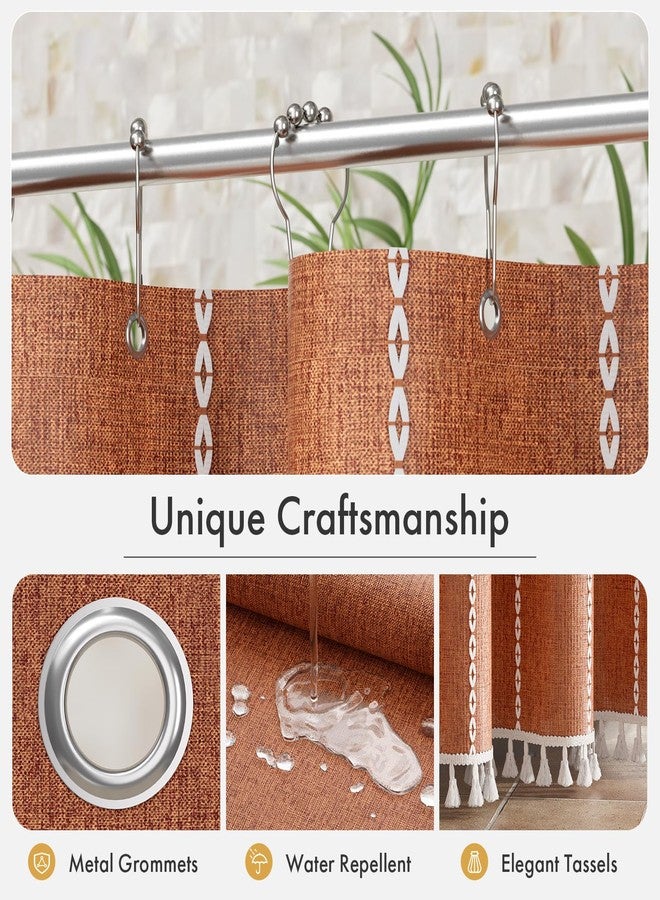 Bathway Farmhouse Shower Curtain Boho with Tassels, Linen Blend Heavy Duty Shower Curtain Set with 12 Metal Hooks, Vintage Luxury Rustic Fabric Curtain for Bathroom Window, 72x72 Inches, Fire Orange - Image 4