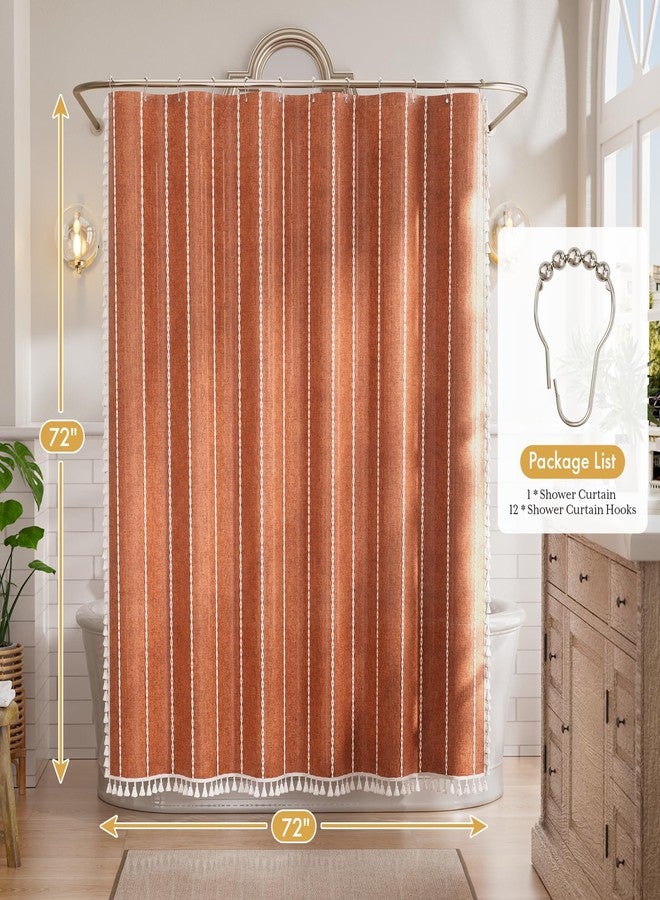 Bathway Farmhouse Shower Curtain Boho with Tassels, Linen Blend Heavy Duty Shower Curtain Set with 12 Metal Hooks, Vintage Luxury Rustic Fabric Curtain for Bathroom Window, 72x72 Inches, Fire Orange - Image 2