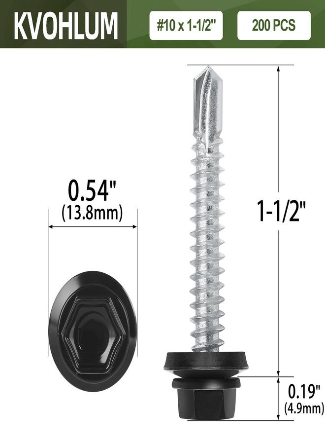 kvohlum #10 x 1-1/2" (200 PCS) Black Metal Roofing Screws with Rubber Washer, Hex Head Metal to Wood Self Tapping Siding Screws, Self Drilling Sheet Metal Screw, Hex Bit Socket Included - Image 2