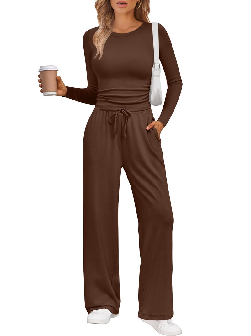 LILLUSORY Lounge Sets for Women Two 2 Piece matching Loungewear Sets Women Winter Clothing 2026 Fall Fashion Travel Airport Outfits Sweatsuits Casual Cute Clothes Cocoa S - Image 1