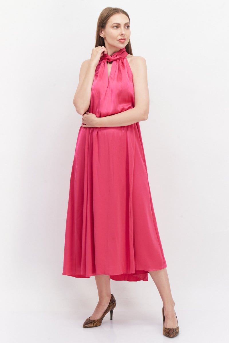 ANNE KLEIN فستان كاجوال ميدي من الحرير للنساء، وردي زاهي - Image 1