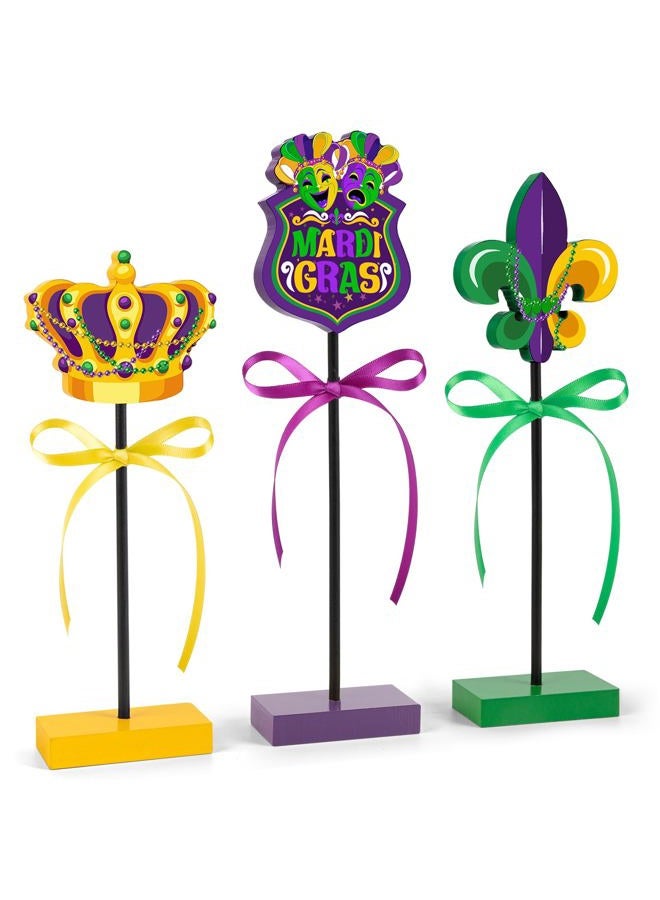 Hedeey 3 Pieces Mardi Gras Table Decorations Wooden Set, Rustic Mardi Gras Tiered Tray Decor for Home Party Room (Colorful) - Image 1