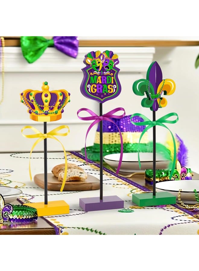 Hedeey 3 Pieces Mardi Gras Table Decorations Wooden Set, Rustic Mardi Gras Tiered Tray Decor for Home Party Room (Colorful) - Image 2