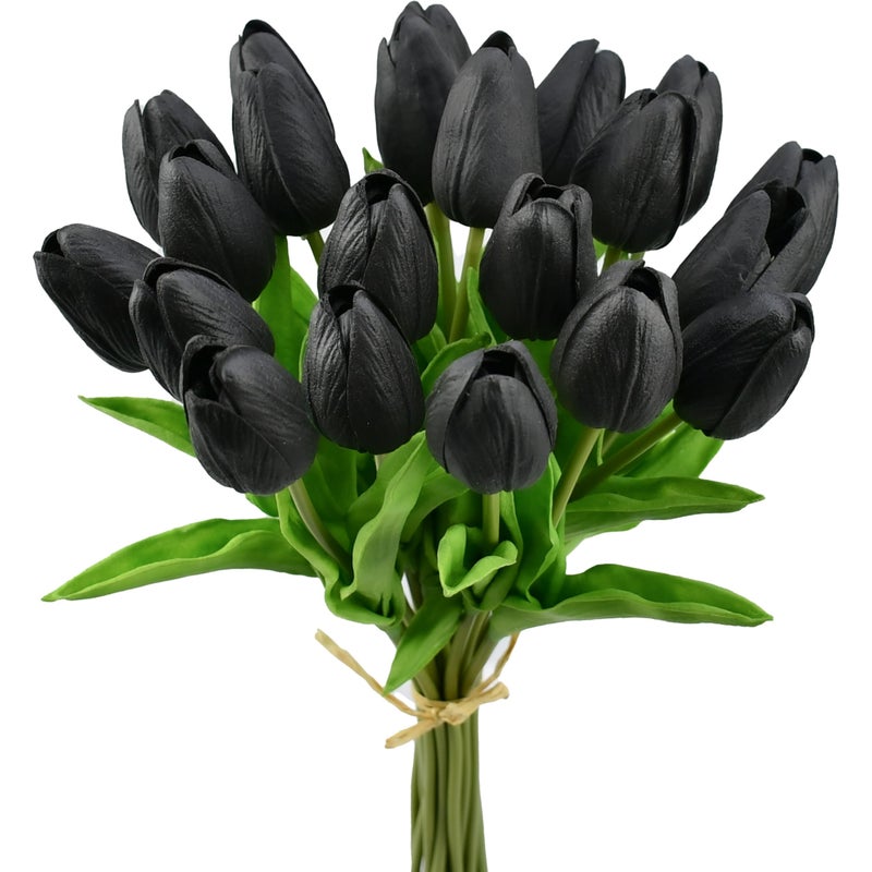 Mandy's Artificial Tulips 20 Stems Black PU Faux Flowers for Valentine's Day and Easter Decorations Wedding Home Decor 13.5 Inch - Image 1