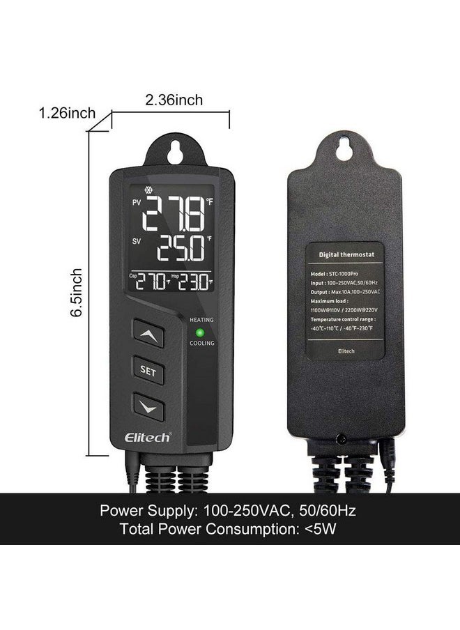 Elitech - Elitech STC-1000 Non-WiFi Temperature Controller 2-Stage Outlet Thermostat LCD Screen Heating and Cooling Mode for Reptile Aquarium Carboy Homebrew Seed with Temp Sensor 23-158°F 1100W 110V 10A - Image 1