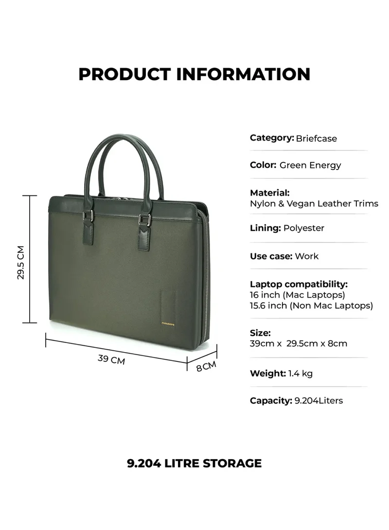 Mokobara The Briefcase Pro - Premium Vegan Leather & Water-Resistant Nylon | Green Energy, Green