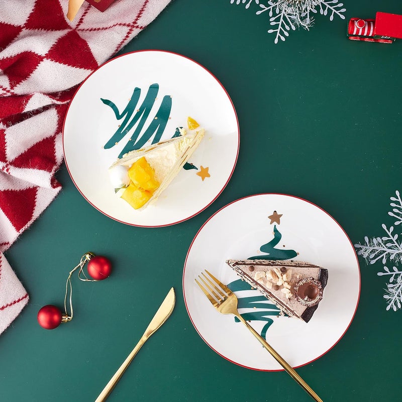 Swuut Christmas Holiday Bone China Dessert Plates  Salad Plates 8 inch  Set of 4OvenDishwasher Safe Kitchen Serving Dishes Tree 8 inch - Image 3