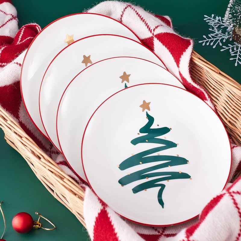 Swuut Christmas Holiday Bone China Dessert Plates  Salad Plates 8 inch  Set of 4OvenDishwasher Safe Kitchen Serving Dishes Tree 8 inch - Image 2