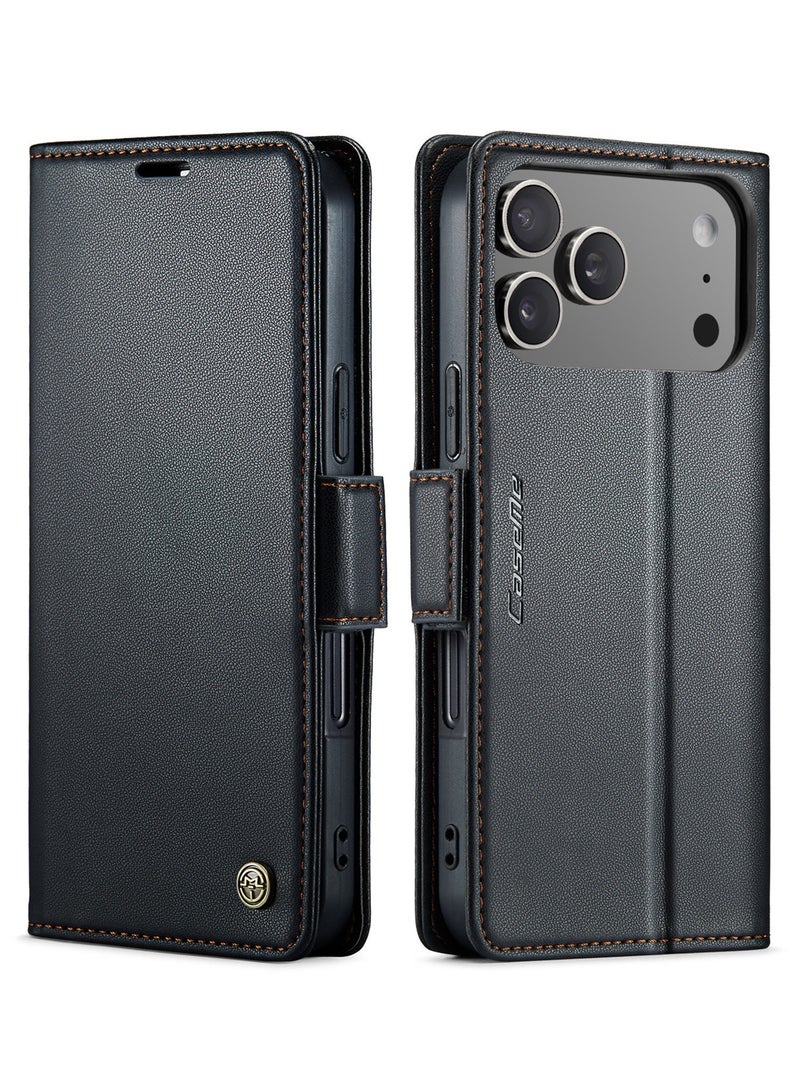 CaseMe Phone Case Luxury PU Leather Design Anti Fingerprint 023 Flip Cover Card Slot Holder Cover For IPhone 17 Pro (Black ) - Image 1