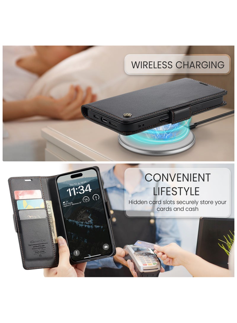 CaseMe Phone Case Luxury PU Leather Design Anti Fingerprint 023 Flip Cover Card Slot Holder Cover For IPhone 17 Pro (Black ) - Image 4