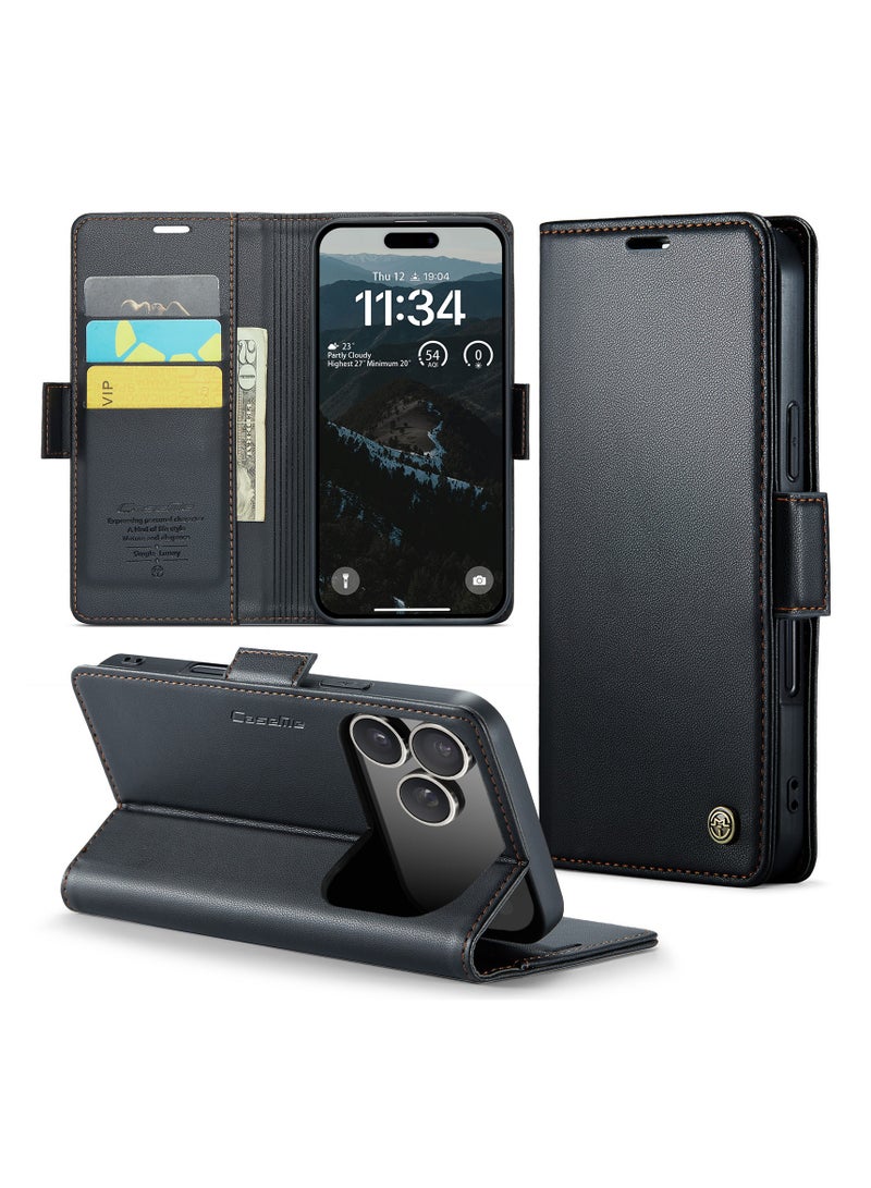 CaseMe Phone Case Luxury PU Leather Design Anti Fingerprint 023 Flip Cover Card Slot Holder Cover For IPhone 17 Pro (Black ) - Image 2